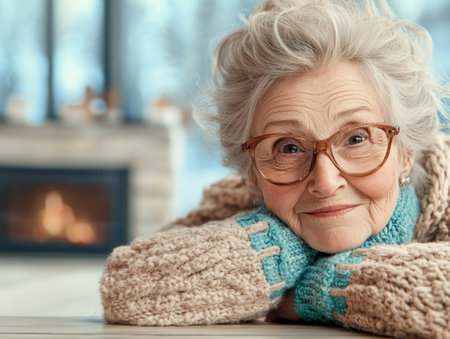 A warm firelight illuminates a serene elderly woman, her face etched with contentment Nestled in a cozy room, she embodies the peaceful joy of a winter evening The scene celebrates graceful aging, simple pleasures, and the heartwarming spirit of the holidays, radiating tranquility and the beauty of a life well-lived AI Generativeの素材