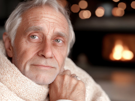 An elderly gentleman, warmly wrapped in a knit blanket, sits contentedly by a crackling fireplace The rustic living room glows with cozy winter light The scene evokes feelings of serene retirement, relaxation, and the simple joys of home and hearth AI Generativeの素材