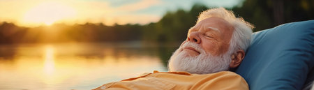Golden hour paints a tranquil lake scene as an elderly person, smiling warmly, relaxes on a porch swing Peaceful serenity radiates from the image, capturing the simple joys of retirement graceful aging, relaxation, and nature's beauty A perfect embodiment of contentment AI Generativeの素材