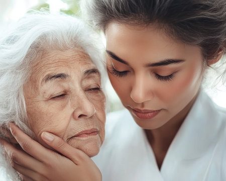 A compassionate caregiver gently supports a senior woman with dementia in a softly lit, calming space Empathetic touch and a serene environment reduce stress and anxiety The image highlights the crucial role of compassionate care in improving the well-being of Alzheimer's and dementia patients AI Generativeの素材