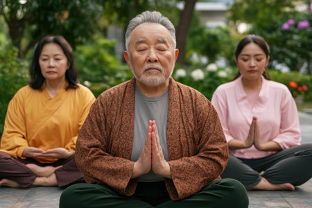 In a serene park, a warm-hearted senior yoga group finds joy and connection Radiant positivity fills the air as they practice mindful movement, improving health and strengthening bonds Outdoor yoga fosters physical well-being and inner peace, showcasing the beauty of healthy, graceful aging This vibrant community embraces nature's calming embrace AI Generativeの素材