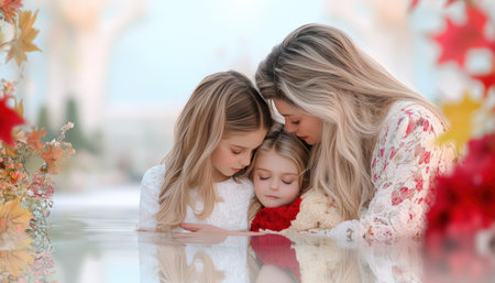 A heartwarming photo captures the tender bedtime ritual of parents tucking their children in It radiates trust, closeness, and nurturing love, showcasing the deep bond between parents and children The image evokes childhood innocence, familial affection, and the lasting memories created by a parent's comforting embrace AI Generativeの素材