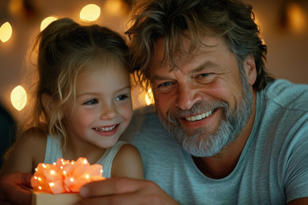 A heartwarming Father's Day image shows a dad joyfully opening a small gift from his beaming children This touching photo captures the essence of family love and unity, perfect for greeting cards or social media It depicts precious moments and heartfelt connections, celebrating the special bond between fathers and children AI Generativeの素材