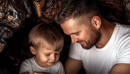 A heartwarming Father's Day image: a father gently guides his son, embodying nurturing love and protection Their bond celebrates the precious gift of fatherhood, highlighting paternal guidance and the beauty of family togetherness This timeless scene captures tender moments of a loving father-son relationship AI Generativeの素材