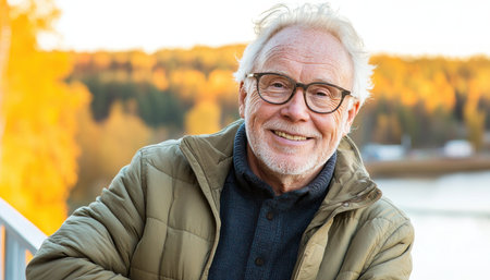 A warmly smiling older man stands confidently on a tranquil autumn pier at sunset His timeless style complements the picturesque scene, evoking peace and contentment The photograph beautifully captures the elegance of mature masculinity and the enduring power of inner peace against a breathtaking sunset over calm waters It's a AI Generativeの素材