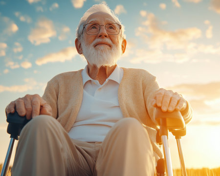 Bathed in the golden hues of sunset, a dignified elderly gentleman sits serenely in his wheelchair, enjoying nature's tranquility His peaceful demeanor embodies contentment and the importance of outdoor activities in maintaining quality of life during later years The scene is one of quiet beauty and serenity AI Generativeの素材