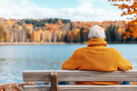 An elderly man finds serenity on a rustic bench overlooking a calm lake, mirroring vibrant autumn foliage The tranquil scene evokes peace and relaxation, celebrating the simple joys of life and the beauty of nature's autumnal splendor Ideal for projects on retirement, tranquility, and the essence of fall AI Generativeの素材
