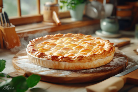Grandma's rustic kitchen, bathed in golden lamplight, holds a pie baking A warm, homemade apple pie, its golden crust glistening, embodies rustic charm and family tradition This scene, captured in evocative photography, evokes cozy comfort and generational baking legacy A delicious, easy recipe awaits AI Generativeの素材