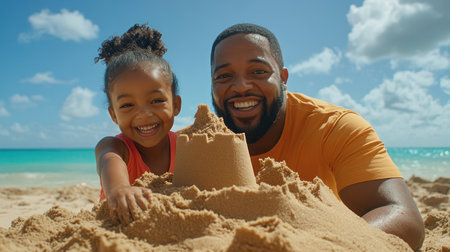 A Black father and daughter build a magnificent sandcastle on a sunny beach, their laughter echoing the joy of their summer vacation This heartwarming scene embodies the strength of their bond, creating unforgettable memories of family fun, love, and shared experiences A perfect picture of summer bliss and lasting family AI Generativeの素材