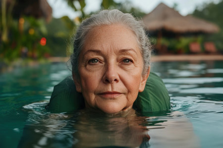 Escape to serenity A tranquil hot spring, nestled in lush greenery, offers rejuvenation for senior women Experience the therapeutic warmth of geothermal waters, fostering peace and mindful moments This idyllic retreat provides natural healing and ultimate relaxation in a breathtaking haven Find your sanctuary AI Generativeの素材
