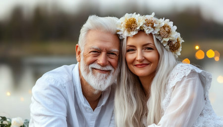 A heartwarming photo depicts a joyful senior couple laughing while tending their vibrant flower garden Their shared laughter and blossoming blooms encapsulate the essence of happy retirement and the beauty of aging together Ideal for articles on senior living, retirement planning, gardening, and healthy aging, it showcases love and life's AI Generativeの素材