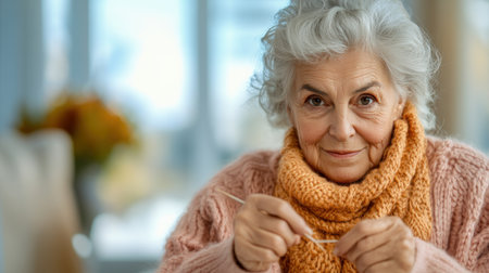 Witness a master knitter's artistry An elderly woman's nimble fingers, guided by generations of skill, create intricate patterns in a cozy setting Close-ups reveal the precision and beauty of her handiwork, showcasing the timeless allure of knitting Her dedication is truly inspiring AI Generativeの素材