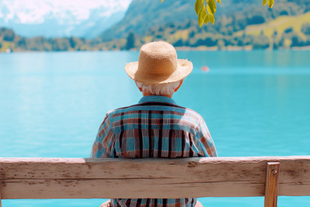 An elderly man, serene and content, sits on a rustic bench overlooking a tranquil lake mirroring sun-drenched mountains This idyllic summer scene embodies peaceful retirement, healthy aging, and the quiet contemplation of nature's beauty The image evokes tranquility, serenity, and the simple joys of a life well-lived AI Generativeの素材