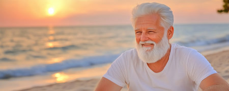A serene sunset bathes a smiling, elderly gentleman in golden light He sits contentedly on a sandy beach, gazing at the tranquil ocean His peaceful retirement embraces the coastal view, reflecting a life lived gracefully and joyfully Beachside tranquility embodies his calm and happy disposition AI Generativeの素材