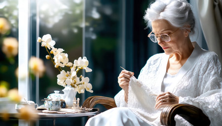 Bathed in soft sunlight, a peaceful grandmother knits by a sunlit window, her tranquil home filled with lace curtains and a serene atmosphere This heartwarming scene evokes cozy retirement, gentle activity, and the simple joys of handmade crafts, family, and contentment A beautiful image of senior wellbeing and happy living AI Generativeの素材