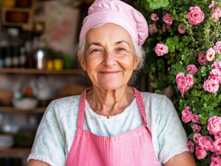 A radiant senior woman, her smile mirroring the blossoming backyard oasis she tends, embodies simple living This peaceful scene captures the joy of gardening, showcasing a fulfilling retirement filled with contentment and a deep connection to nature Her self-sufficiency and serene haven reflect a life well-lived AI Generativeの素材