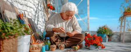 Sunlight dapples a sun-drenched porch where a grandmother peacefully knits, surrounded by vintage craft supplies and a handmade quilt Colorful flowers bloom nearby, enhancing the warmth and comfort of this idyllic scene It embodies heritage, family, and the simple pleasures of a slow, content life AI Generativeの素材