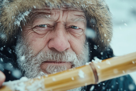 A weathered elder serenely plays a bamboo flute by a flowing river The scene embodies peace and quiet dignity, reflecting wisdom and connection with nature The flute's artistry and river's beauty highlight life's tranquil journey and the harmony found in quiet moments AI Generativeの素材