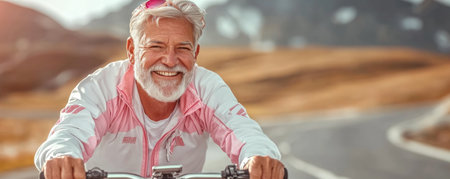 A vibrant senior cyclist glides through scenic hills, embodying active aging's grace and energy The captivating image showcases the joy of outdoor adventure and a healthy lifestyle, highlighting the power of fitness and well-being in later life His spirited ride inspires others to embrace vitality AI Generativeの素材