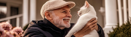 Golden sunlight bathes a serene garden scene where a kind elderly man gently pets a white cat Their shared moment radiates peace and affection The image evokes simple joys: companionship, nature's calm, and the gentle beauty of an elderly gentleman's bond with his beloved feline friend A truly touching photograph AI Generativeの素材