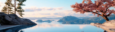 A multigenerational family celebrates Father's Day amidst breathtaking mountain scenery and a serene lakeside setting Shared stories, smiles, and blossoming cherry trees create lasting memories, reflecting joy, love, and family unity The perfect image of intergenerational connection and peaceful natural beauty AI Generativeの素材