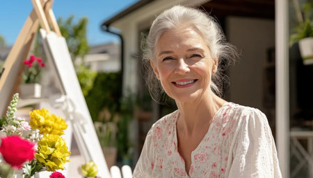 A serene senior woman, radiating mindfulness, paints a vibrant garden scene Her peaceful expression reflects the joy of creating art in nature's embrace Sunlight dances on flowers, mirroring the inner peace and artistic talent she gracefully embodies The image celebrates the enduring power of art and the beauty of aging AI Generativeの素材