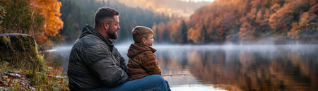A father and son share a tranquil autumn fishing trip Amidst the serene lake and vibrant fall foliage, they bond, creating lasting memories Quiet moments and shared experiences strengthen their connection, showcasing the beauty of nature and family togetherness AI Generativeの素材