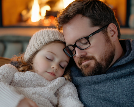 A father and daughter share a quiet, winter evening by a crackling fireplace Her peaceful sleep nestled against him symbolizes their deep bond The warm glow illuminates their love, creating a timeless image of family connection, tranquility, and cherished memories A heartwarming scene of security and precious moments shared AI Generativeの素材
