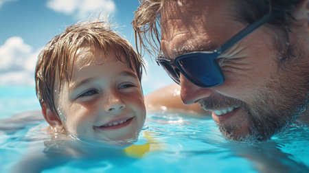 A father patiently teaches his son to swim in a sparkling pool, surrounded by vibrant greenery Gentle support and encouragement build confidence as they bond, creating lasting summer memories This heartwarming scene embodies the joy of family, outdoor fun, and the precious moments of a father's love AI Generativeの素材