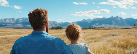 A father and daughter joyfully fly a kite in a breezy golden field, majestic mountains forming a breathtaking backdrop Their shared laughter embodies unbreakable love and cherished memories This heartwarming scene captures the pure bliss of family, outdoor fun, and enduring affection AI Generativeの素材