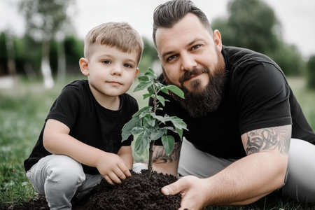 A heartwarming photo captures a father and son planting a tree, symbolizing generational love and growth This tender moment depicts a strong family bond, nurturing a sapling representing legacy, environmental stewardship, and shared responsibility Perfect for illustrating articles on family, fatherhood, and conservation AI Generativeの素材