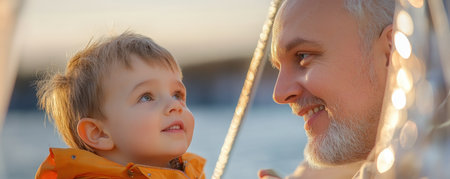 A father and son share a serene sunset boat ride, fostering open communication and strengthening their bond The peaceful scene embodies paternal guidance and intergenerational connection, showcasing quality time spent creating lasting memories Trust and understanding build a deep father-son relationship, beautifully reflected in this shared experience AI Generativeの素材