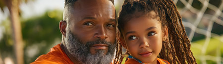A father beams with pride, watching his daughter's soccer game His unwavering support and love are palpable, showcasing the powerful bond between them The image captures family unity, athletic joy, and the dedication of a parent cheering on their child's dreams It's a heartwarming testament to love and shared moments AI Generativeの素材