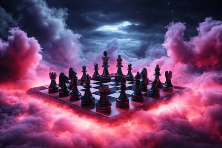 This Father's Day, gift Dad a sleek, modern chess set featuring unique, family-shaped pieces on a dramatic, cloud-shrouded board A personalized and unforgettable present for strategy game lovers, this custom-designed chessboard is perfect for birthdays, anniversaries, or any special occasion A truly sentimental and thoughtful gift AI Generativeの素材