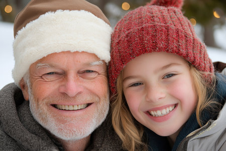 Twinkling lights illuminate a heartwarming family scene Grandfather and granddaughter beam, sharing a joyful moment that embodies the spirit of the winter holidays Their smiles reflect the love and togetherness of a cherished family tradition, creating a lasting memory of happiness and connection This image captures the essence of Christmas, AI Generativeの素材