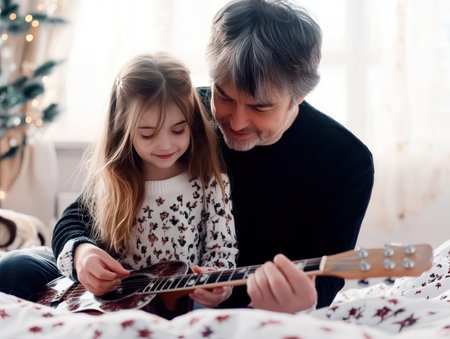 A cozy music room holds a heartwarming scene: a father patiently teaches his daughter guitar Their shared passion creates a beautiful blend of love and support, a testament to intergenerational connection and family bonding This image perfectly captures the joy of learning, musical education, and the enduring power of a AI Generativeの素材