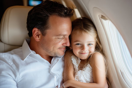A heartwarming photo captures a father and daughter celebrating a milestone anniversary Their tender bond, evident during a family journey, showcases the preciousness of shared experiences More than a flight, it's a voyage of love, a testament to their unbreakable connection and the essence of family AI Generativeの素材