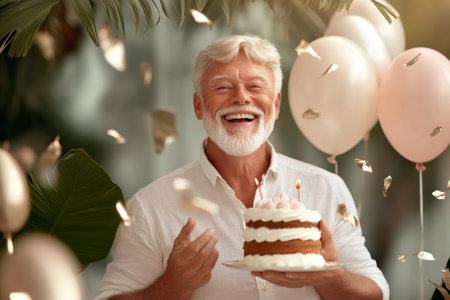 Capture the heartwarming joy of a surprise birthday party! A delighted dad beams amidst colorful balloons, swirling confetti, and a decadent birthday cake This touching scene, brimming with love and laughter, is perfect for greeting cards, social media, or cherished family albums Show Dad how much you care! AI Generativeの素材