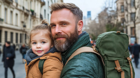 A father's gentle hand guides his toddler through a bustling city street Their shared smiles and loving gestures radiate warmth and security amidst the urban chaos The photograph beautifully captures this precious father-child bond, a testament to the powerful, protective love a father holds for his child, a memory forever AI Generativeの素材