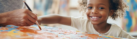 A father beams, receiving a vibrant painting from his child Their radiant smiles and shared joy encapsulate their strong bond The artwork, bursting with color and emotion, symbolizes family love, creativity, and cherished memories It's a touching visual of a father-daughter connection overflowing with happiness and pride AI Generativeの素材