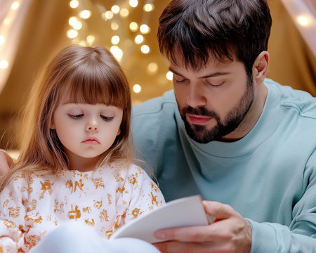 A heartwarming image captures parents sharing bedtime stories with their children This tender moment fosters trust, love, and a strong family bond Shared reading nurtures emotional development, creating lasting memories and highlighting the importance of family time and cherished bedtime rituals AI Generativeの素材