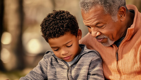 A poignant image captures a father and son's quiet connection Their shared reflection speaks volumes of love, wisdom, and the enduring strength of their bond The photograph symbolizes paternal guidance, the passing of life lessons, and a cherished moment of shared understanding, creating a lasting memory of their time together AI Generativeの素材