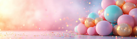 A vibrant Father's Day scene bursts with pastel balloons, confetti, and charming greeting cards This joyful image, perfect for cards and social media, radiates warmth and love Its cheerful colors and festive elements create a stunning visual celebration, ideal for expressing heartfelt appreciation for Dad AI Generativeの素材