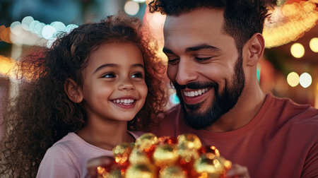 Dad and daughter create cherished Christmas memories while decorating their tree Vibrant ornaments and twinkling lights surround them, capturing the joy and love of the holiday season This heartwarming scene embodies family bonding, festive cheer, and the magic of Christmas perfect for sharing AI Generativeの素材