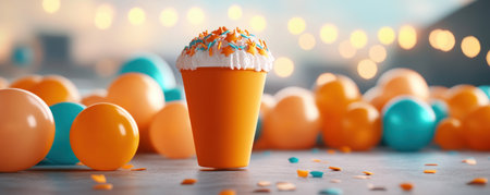 Celebrate Dad with a vibrant Father's Day party! This festive scene boasts orange and teal balloons, cheerful banners, and a whimsical cupcake dessert Find inspiration for decorations, food, and a fun atmosphere for your family celebration Perfect for blogs, social media, and party planning Create a memorable day filled with AI Generativeの素材