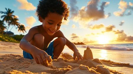 A family's joyous beach day culminates in magnificent sunset sandcastles Children's laughter fills the air as they collaborate, creating unforgettable memories and strengthening familial bonds The scene embodies the simple joys of childhood, quality time, and the power of shared experiences A heartwarming picture of family bonding and a beautiful AI Generativeの素材