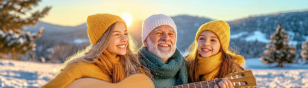 Snow-covered mountains frame a heartwarming scene: a dad, strumming an acoustic guitar, serenaded by his family with a self-composed song Their love and the winter's beauty intertwine in a melody, creating a touching moment of family unity and the magic of winter celebrations Every note radiates warmth and affection AI Generativeの素材