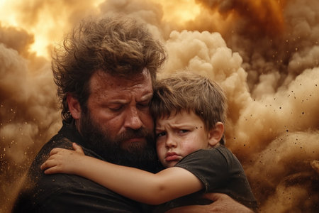 A dust storm rages, yet a father and son embrace, their hug a powerful symbol of unwavering love and family strength The poignant image captures parental affection, resilience, and protection, showcasing the enduring bond between them amidst life's challenges Their embrace is a testament to the comfort found in family AI Generativeの素材