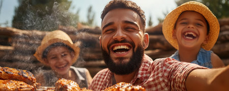 Laughter and sizzling meat fill the air as a joyful dad grills for his family Smoke curls from the barbecue, painting a picture-perfect summer scene of cherished memories Children's glee mingles with the dad's beaming smile, creating a heartwarming celebration of family togetherness Join the fun! AI Generativeの素材
