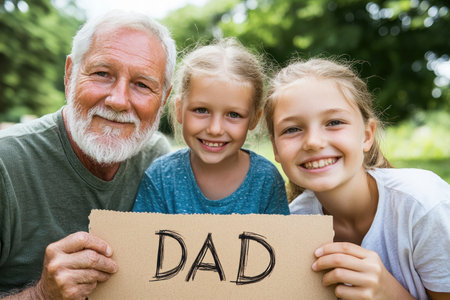 Capture precious family moments with a heartwarming Father's Day photoshoot Children surprise Dad with personalized messages, creating a lasting memory This outdoor portrait session showcases love and affection, perfect for cards or wall art Celebrate your dad with this unique and sentimental family photo AI Generativeの素材